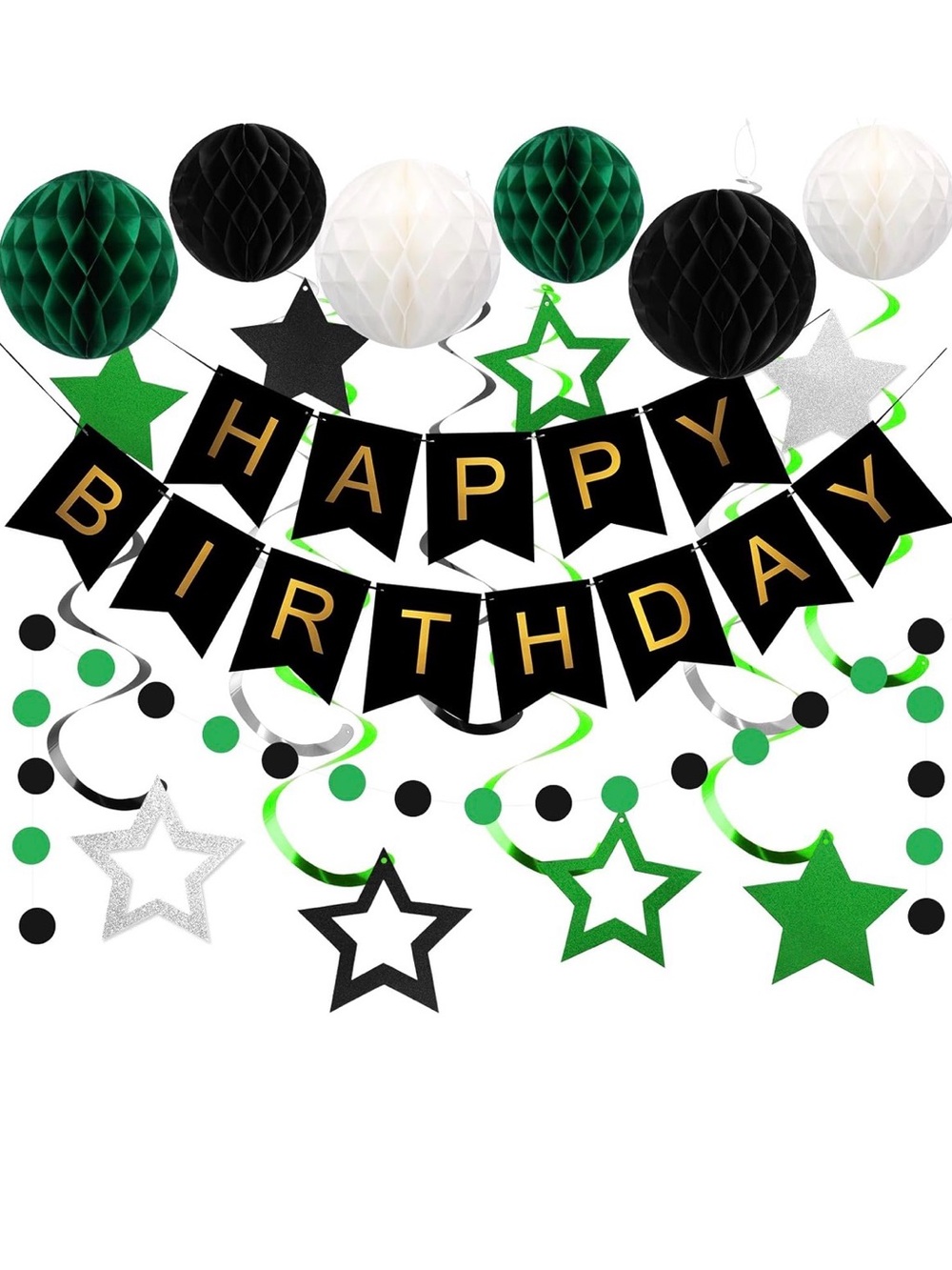 Happy Birthday Party Hanging Decorations — Black, Green & White